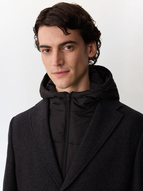 Manteau en laine mélangée anthracite à capuche amovible - Father & Sons   - 2 