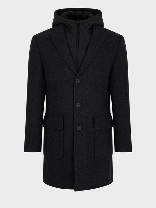 Manteau en laine mélangée anthracite à capuche amovible - Father & Sons   - 6 