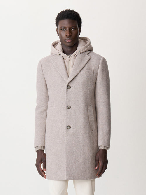 Manteau en laine mélangée beige à capuche amovible - 1 - Father & Sons   - 5 