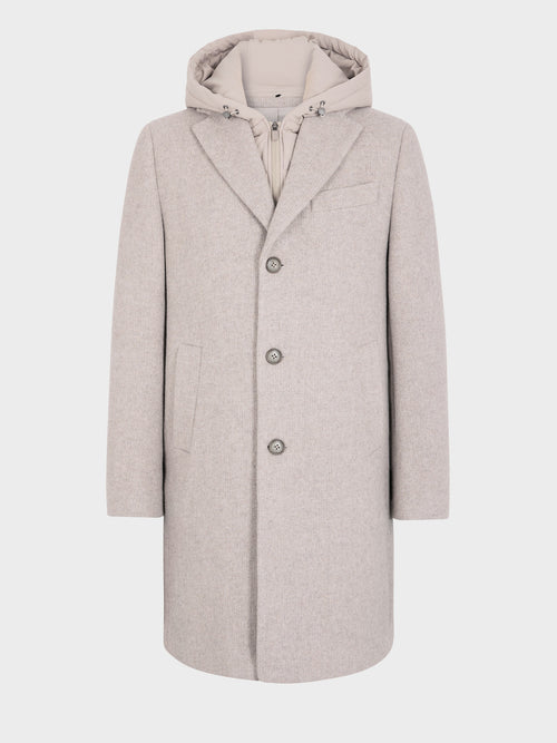 Manteau en laine mélangée beige à capuche amovible - Father & Sons   - 8 
