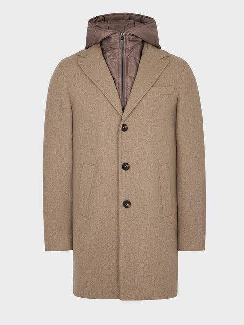 Manteau en laine mélangée beige à capuche amovible - 1 - Father & Sons   - 6 