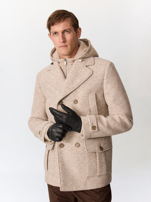 Manteau en laine mélangée beige à capuche amovible - Father & Sons   - 1 