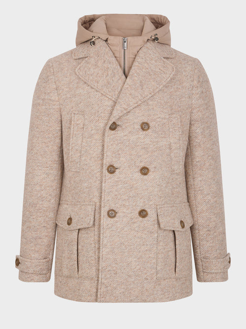 Manteau en laine mélangée beige à capuche amovible - Father & Sons   - 6 