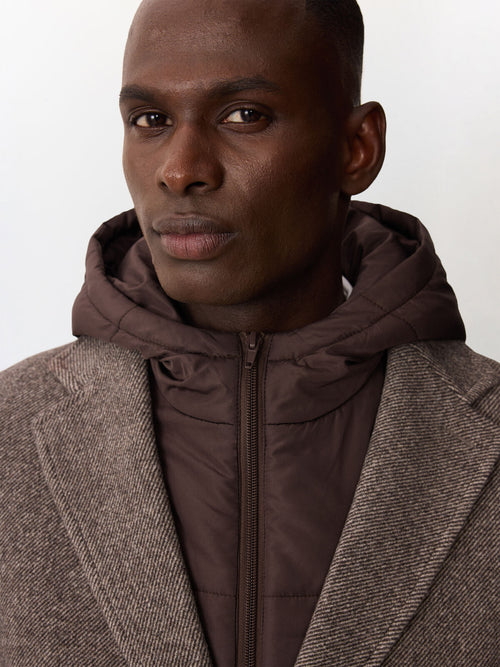 Manteau en laine mélangée marron à capuche amovible - Father & Sons   - 4 