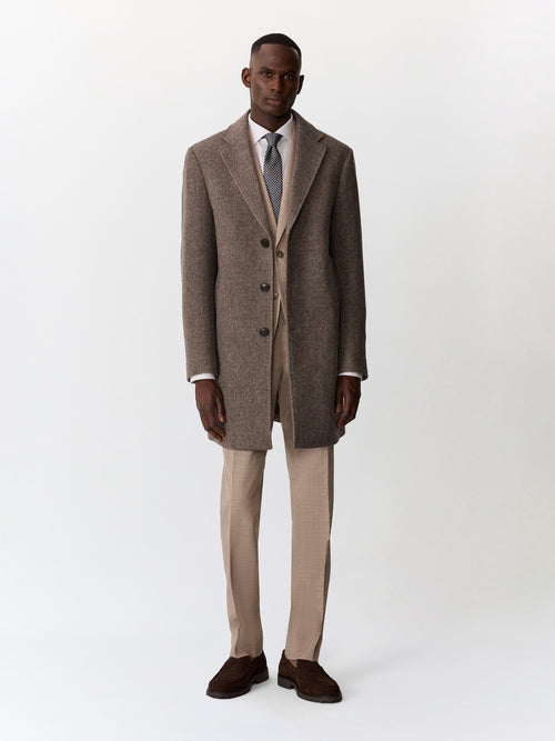 Manteau en laine mélangée marron à capuche amovible - Father & Sons   - 6 