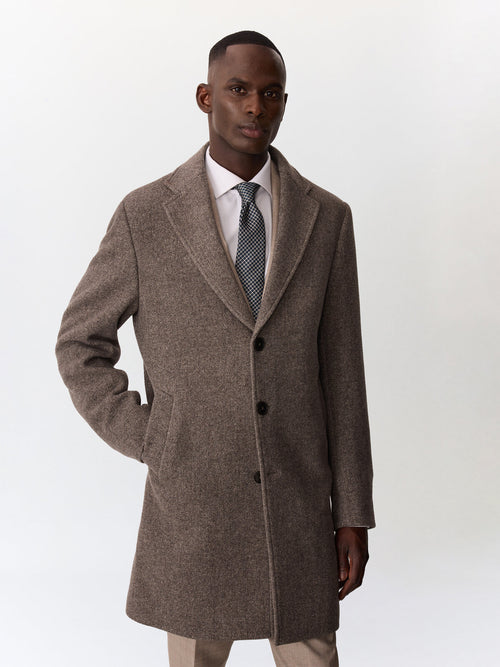 Manteau en laine mélangée marron à capuche amovible - Father & Sons   - 1 