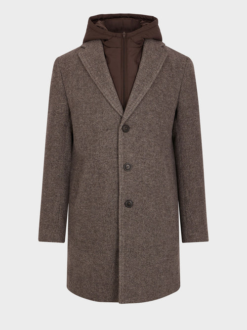 Manteau en laine mélangée marron à capuche amovible - Father & Sons   - 7 