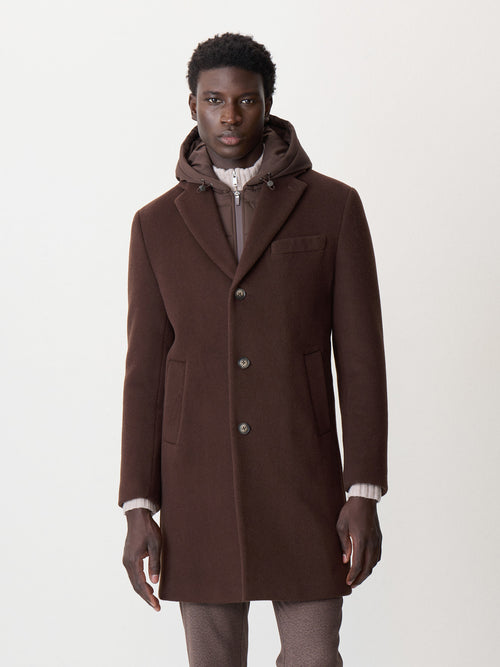 Manteau en laine mélangée marron à capuche amovible - 1 - Father & Sons   - 9 