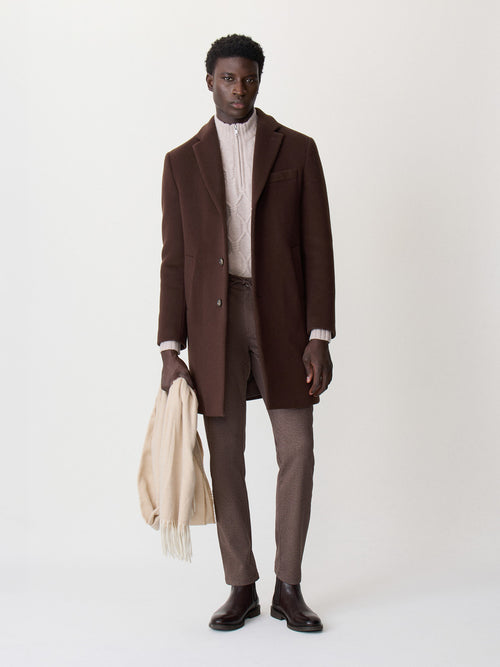 Manteau en laine mélangée marron à capuche amovible - Father & Sons   - 5 
