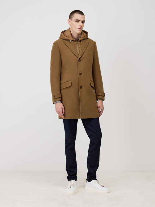Manteau en laine mélangée marron à capuche amovible - Father & Sons   - 5 