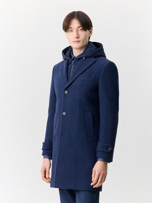 Manteau en laine mélangée bleu indigo à capuche amovible - Father & Sons   - 3 