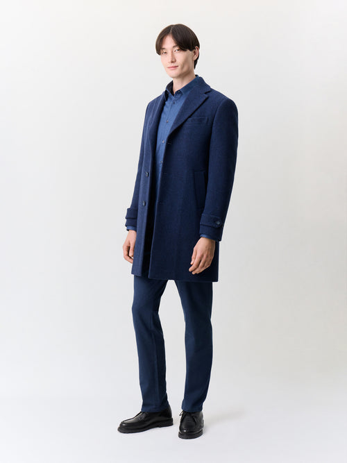 Manteau en laine mélangée bleu indigo à capuche amovible - Father & Sons   - 5 