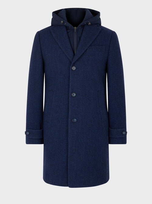 Manteau en laine mélangée bleu indigo à capuche amovible - 1 - Father & Sons   - 20 