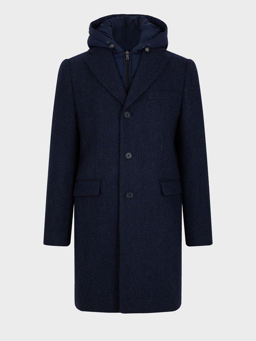 Manteau en laine mélangée bleu indigo à capuche amovible - Father & Sons   - 1 