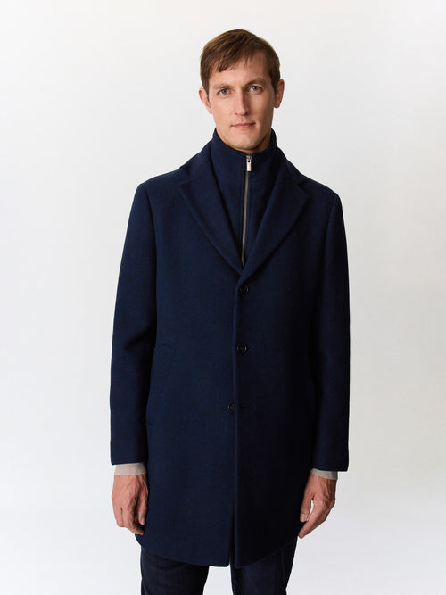 Manteau en laine mélangée bleu indigo à parementure amovible - Father & Sons   - 1 