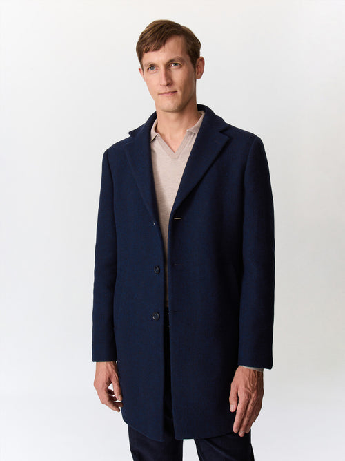 Manteau en laine mélangée bleu indigo à parementure amovible - Father & Sons   - 2 
