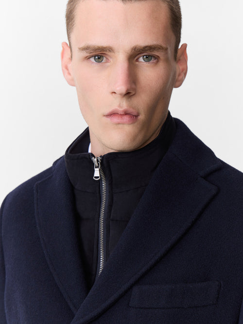 Manteau en laine mélangée bleu marine à parementure amovible - Father & Sons   - 4 