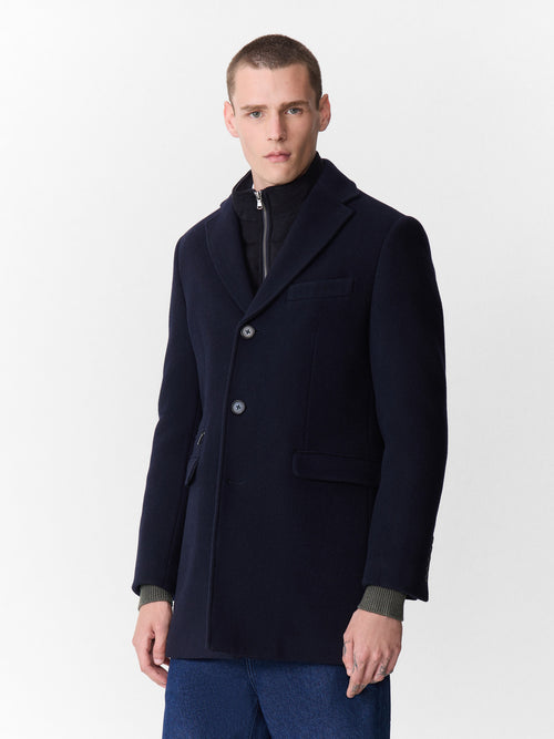 Manteau en laine mélangée bleu marine à parementure amovible - 1 - Father & Sons   - 3 