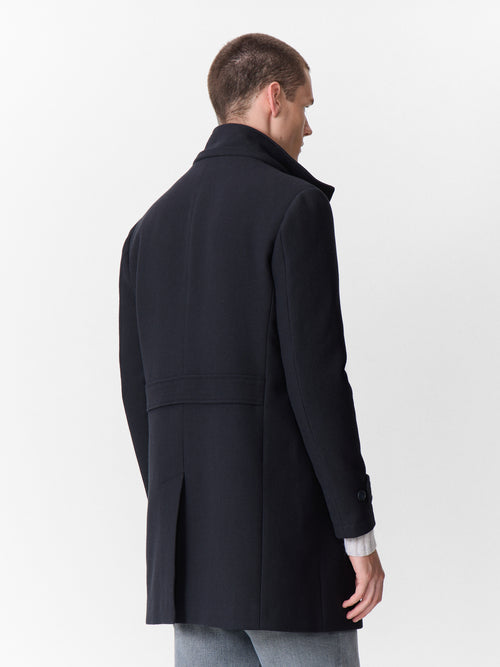Manteau en laine et coton bleu marine à capuche amovible - 2 - Father & Sons   - 4 