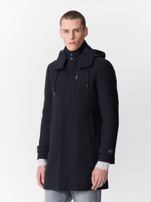 Manteau en laine et coton bleu marine à capuche amovible - 1 - Father & Sons   - 4 