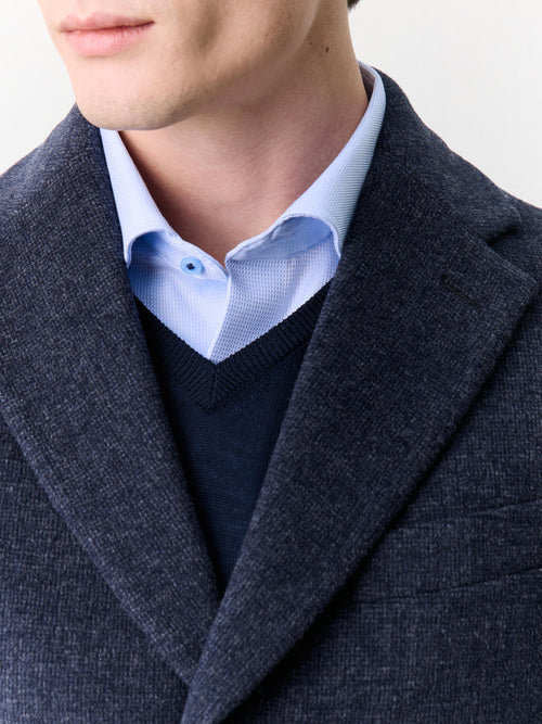 Manteau en laine mélangée bleu marine à capuche amovible - Father & Sons   - 4 