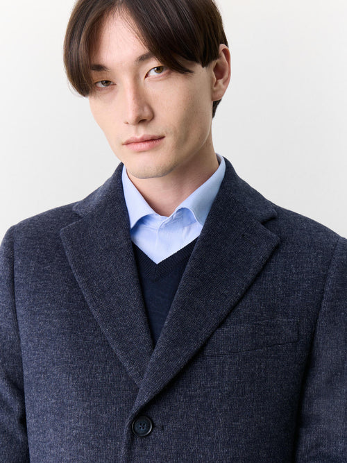 Manteau en laine mélangée bleu marine à capuche amovible - Father & Sons   - 3 