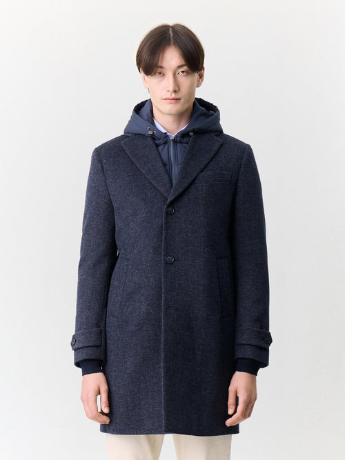Manteau en laine mélangée bleu marine à capuche amovible - Father & Sons   - 5 