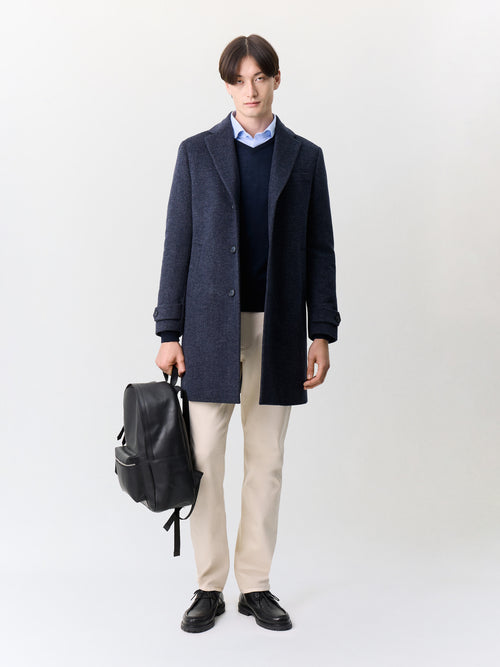 Manteau en laine mélangée bleu marine à capuche amovible - Father & Sons   - 6 