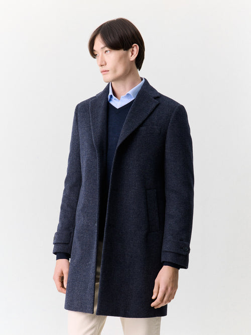 Manteau en laine mélangée bleu marine à capuche amovible - 1 - Father & Sons   - 16 