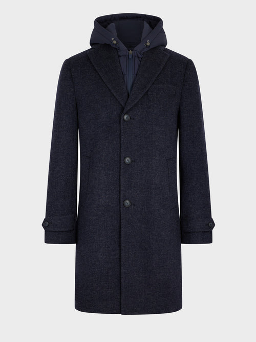 Manteau en laine mélangée bleu marine à capuche amovible - 1 - Father & Sons   - 18 