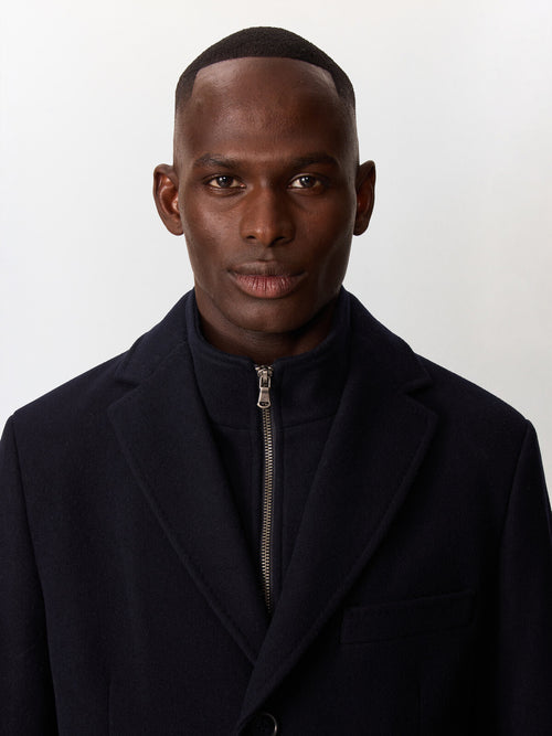 Manteau en laine mélangée bleu marine à parementure amovible - Father & Sons   - 4 