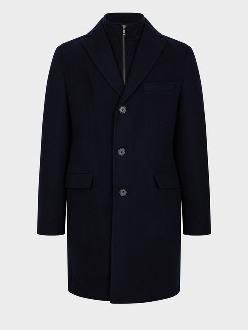 Manteau en laine mélangée bleu marine à parementure amovible - Father & Sons   - 1 