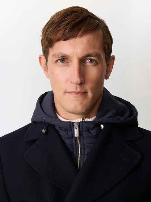 Manteau en laine mélangée bleu marine à capuche amovible - Father & Sons   - 6 