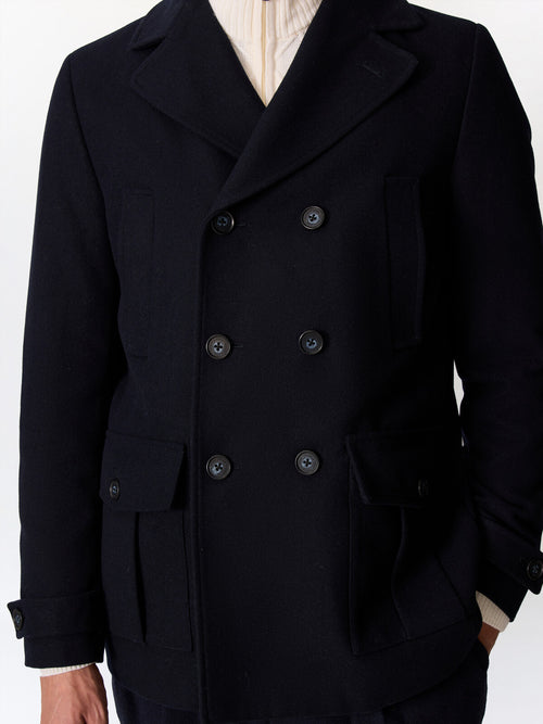 Manteau en laine mélangée bleu marine à capuche amovible - Father & Sons   - 5 