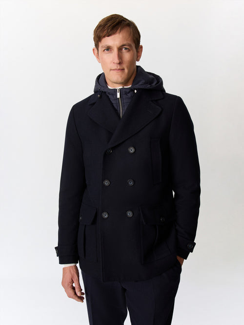 Manteau en laine mélangée bleu marine à capuche amovible - Father & Sons   - 4 