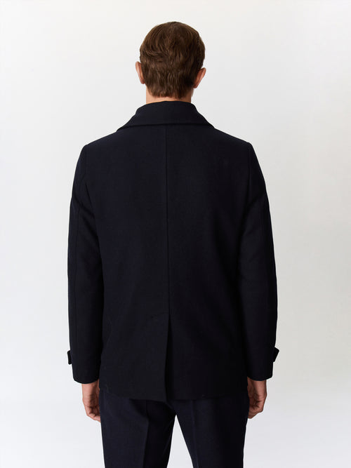 Manteau en laine mélangée bleu marine à capuche amovible - Father & Sons   - 2 
