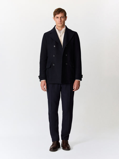 Manteau en laine mélangée bleu marine à capuche amovible - Father & Sons   - 3 
