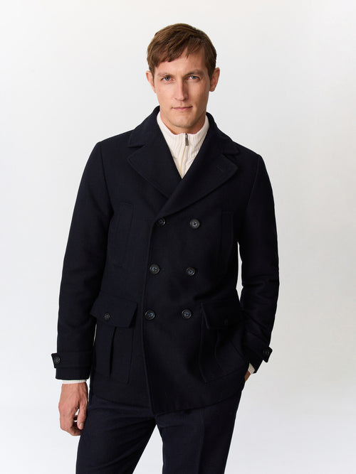Manteau en laine mélangée bleu marine à capuche amovible - Father & Sons   - 1 