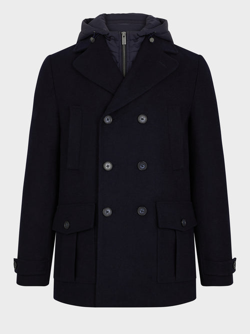 Manteau en laine mélangée bleu marine à capuche amovible - Father & Sons   - 7 