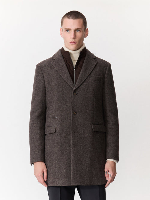 Manteau en laine mélangée marron à parementure amovible - 1 - Father & Sons   - 10 