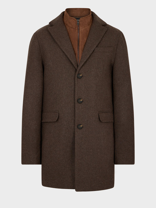 Manteau en laine mélangée marron à parementure amovible - 1 - Father & Sons   - 2 