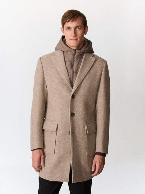 Manteau en laine mélangée marron à capuche amovible - Father & Sons   - 2 