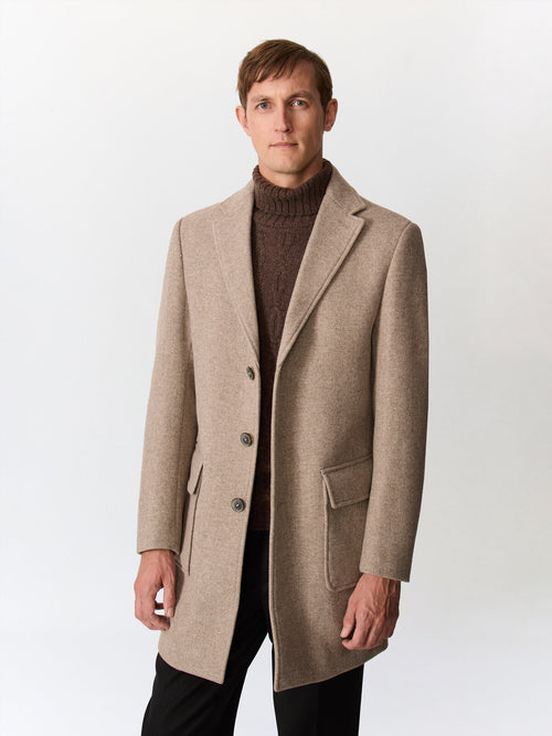 Manteau en laine mélangée marron à capuche amovible - Father & Sons   - 4 