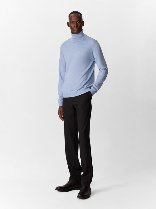 Pull col roulé en laine Mérinos mélangée bleu azur - Father & Sons   - 5 