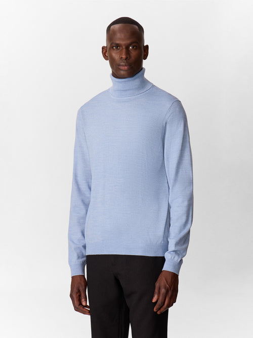 Pull col roulé en laine Mérinos mélangée bleu azur - 1 - Father & Sons   - 19 