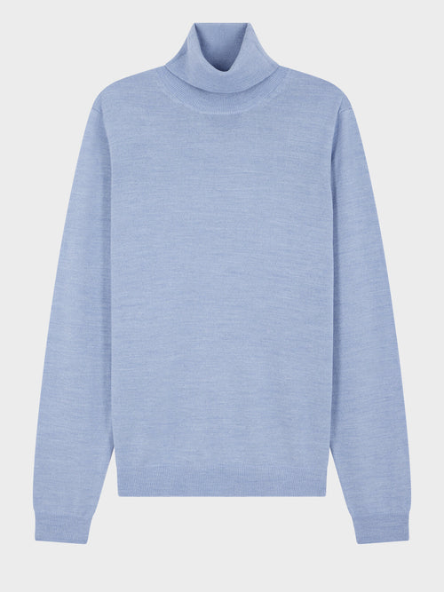 Pull col roulé en laine Mérinos mélangée bleu azur - Father & Sons   - 6 