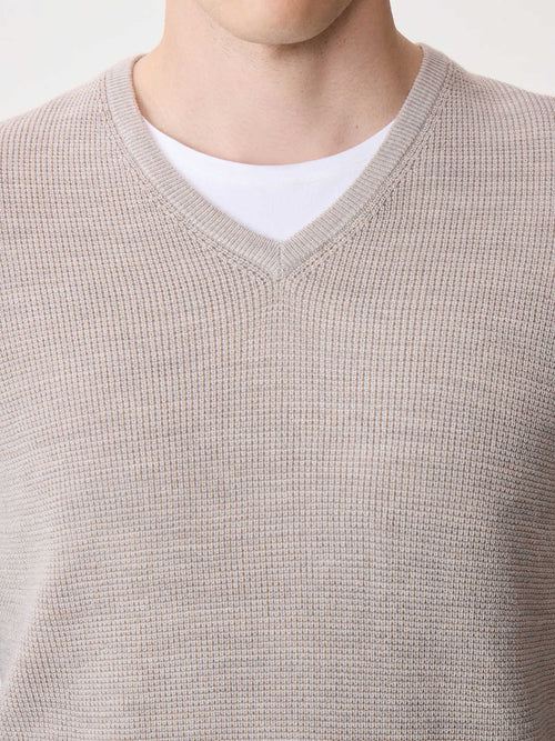 Pull col V en laine Mérinos mélangée beige - Father & Sons   - 3 