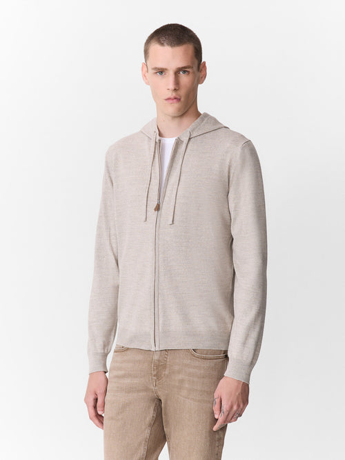 Gilet à capuche zippé en laine Mérinos mélangée beige - 1 - Father & Sons   - 8 
