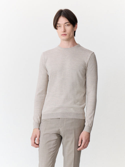 Pull col rond en laine Mérinos mélangée beige - 1 - Father & Sons   - 11 