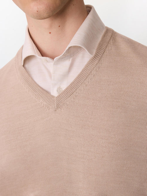 Pull col V en laine Mérinos mélangée beige - Father & Sons   - 4 